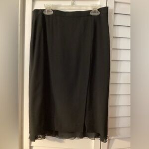 Mondi Gala Vintage Black Midi Pencil Skirt w Sheer Ruffle, Front Slit, Small